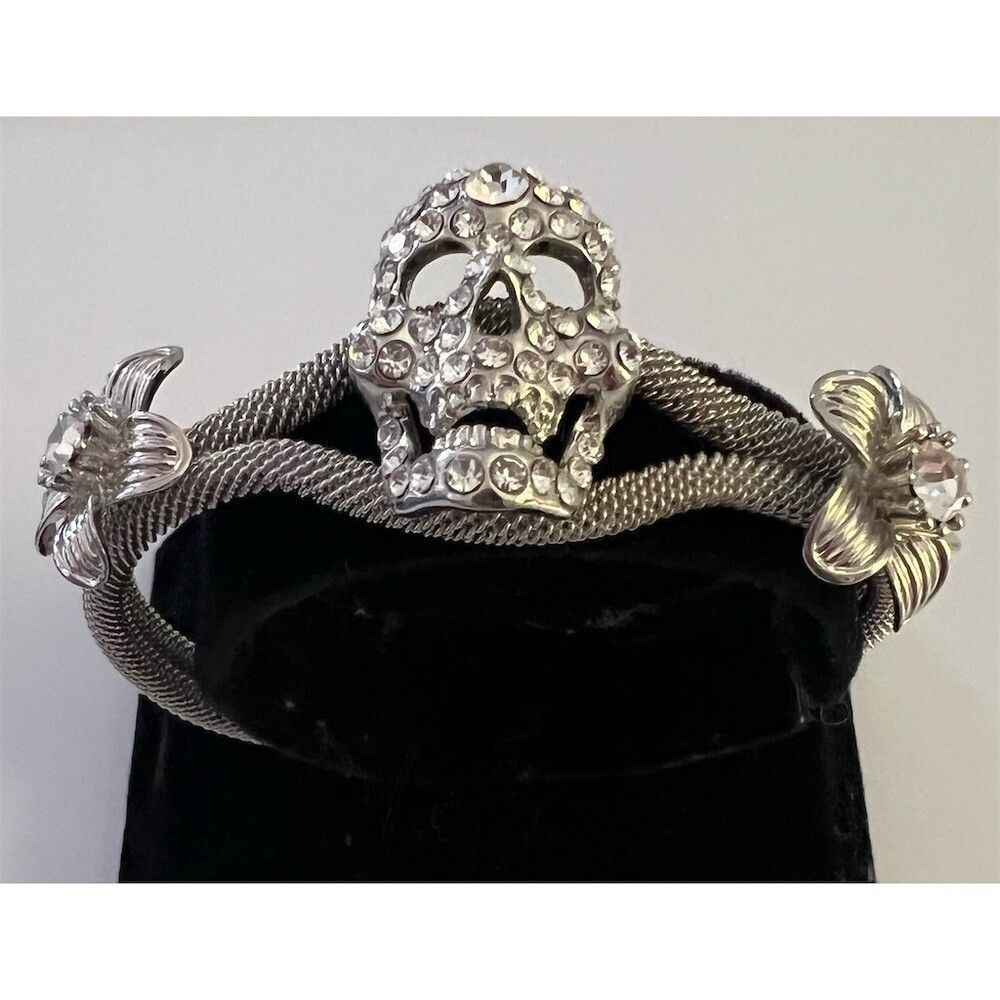Fashion Bracelet Silver Tone Crystal Rhinestone Skull Mesh Open Cuff Jewelry